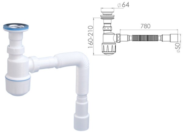 Сифон для умывальника с литым выпуском 64мм, с гибкой трубой 1 1/4", AV Engineering, арт.AVE129750