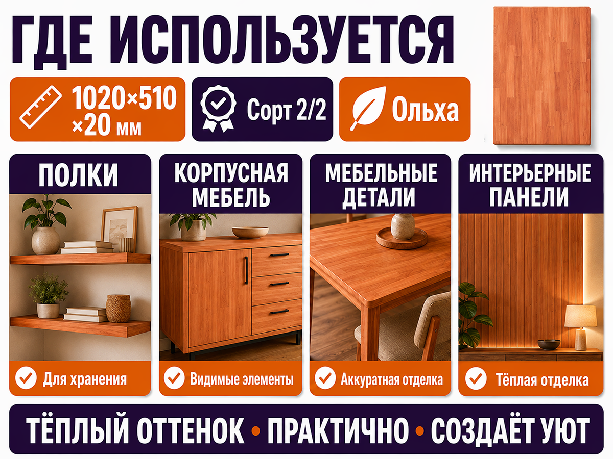 Мебельный щит из ольхи, 1020×510×20 мм, сорт 2/2 фото 3