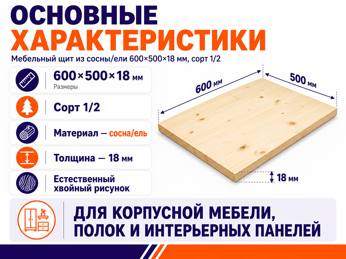 Мебельный щит из сосны/ели 600×500×18 мм, сорт 1/2