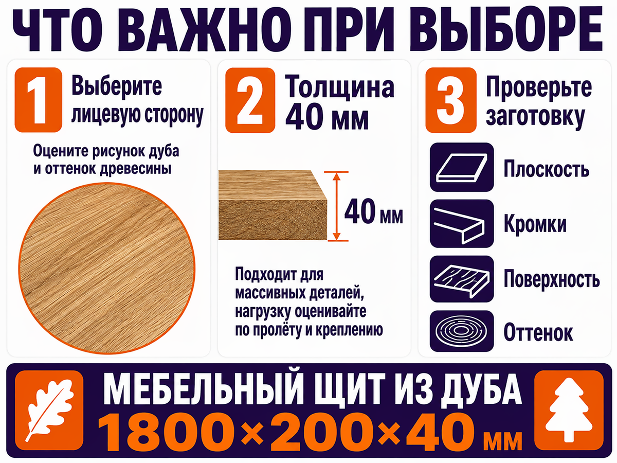 Мебельный щит из дуба 1800×200×40 мм, сорт 2/3, цельноламельный фото 5