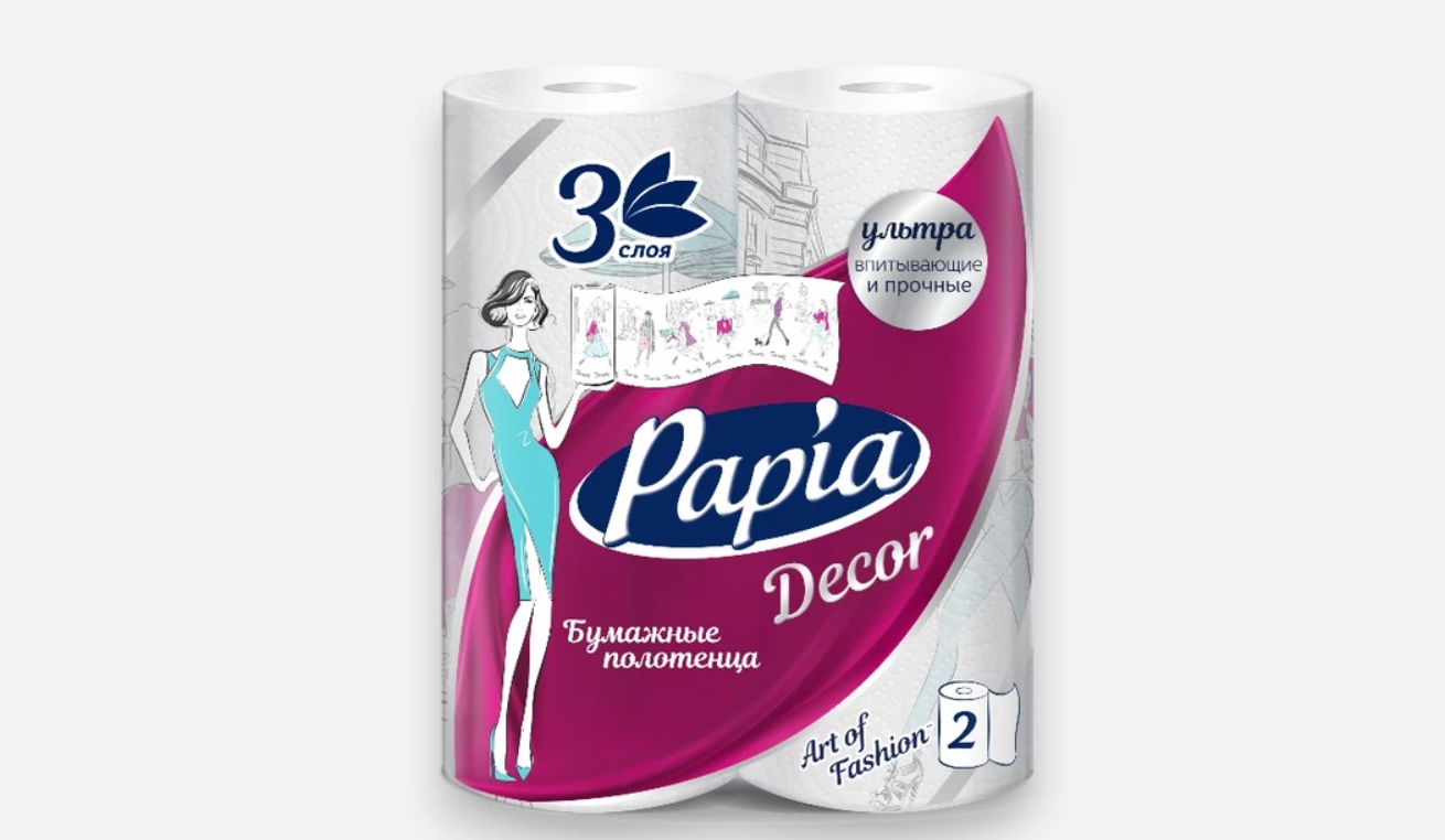 PAPIA полотенца бумажные белые трехслойные Decor 2рулона  83 листа   
