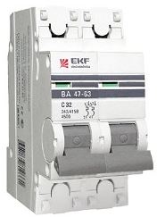 Автомат выключатель 4.5кА ЭКФ ВА47-63-63А,2п "С", PROxima, РФ ,ЭКФ2-63