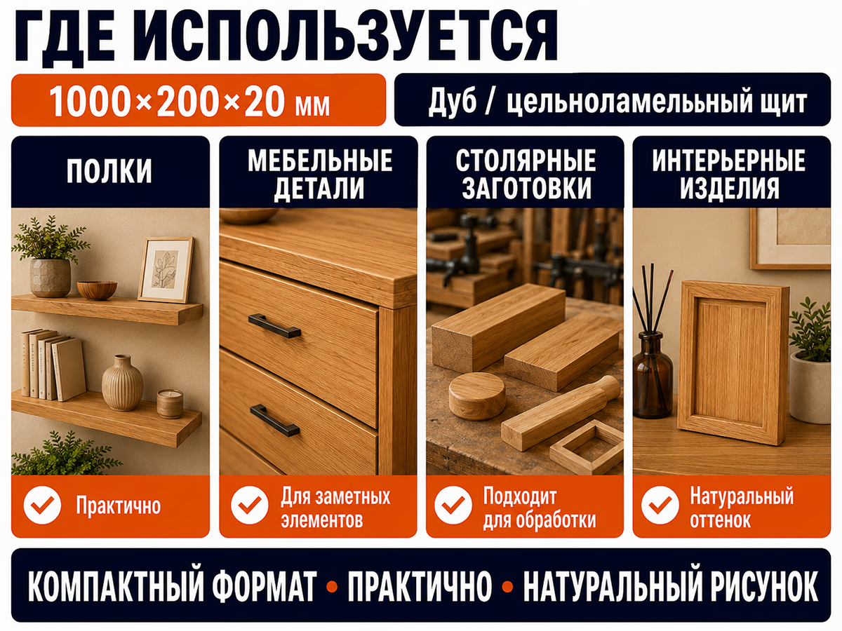 Мебельный щит из дуба цельноламельный, 1000×200×20 мм, сорт 1/2 фото 3