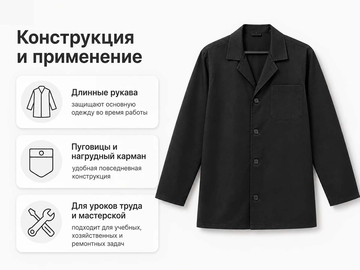 Халат рабочий ДИКСОНИЯ 401-12 для уроков труда ЗМи, чёрный, 88–92/158–164