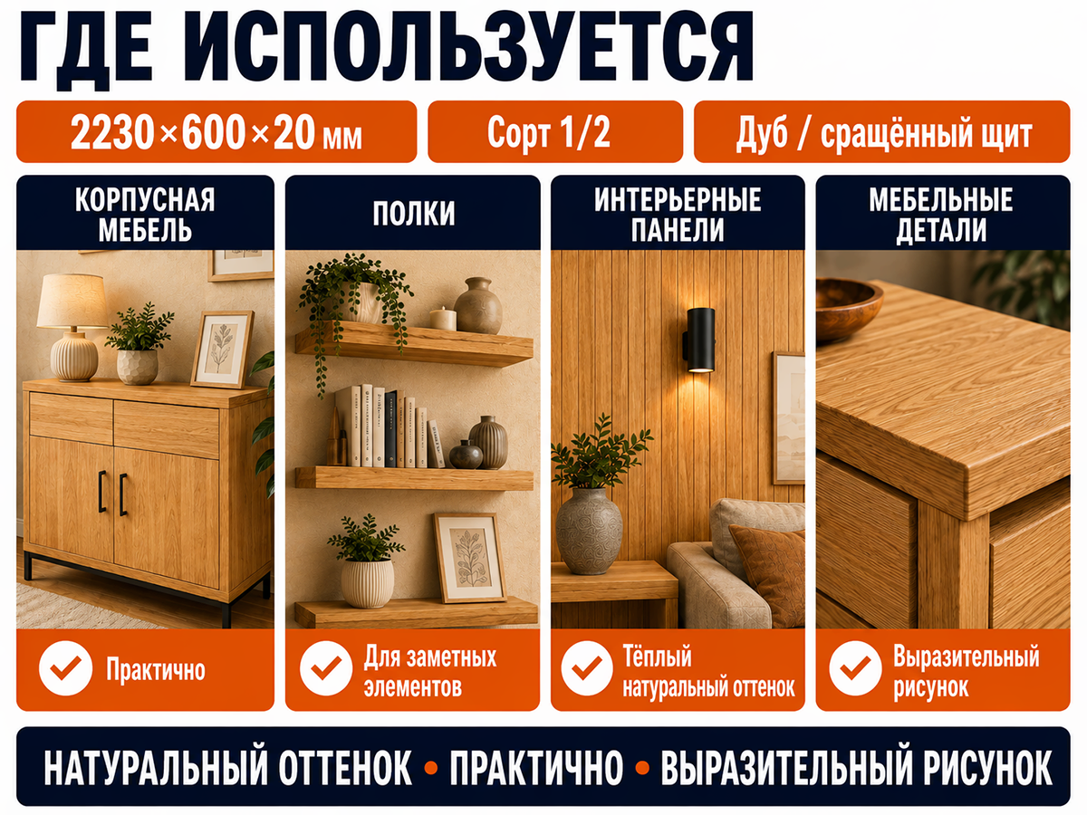 Мебельный щит из дуба сращённый, 2230×600×20 мм, сорт 1/2 фото 3