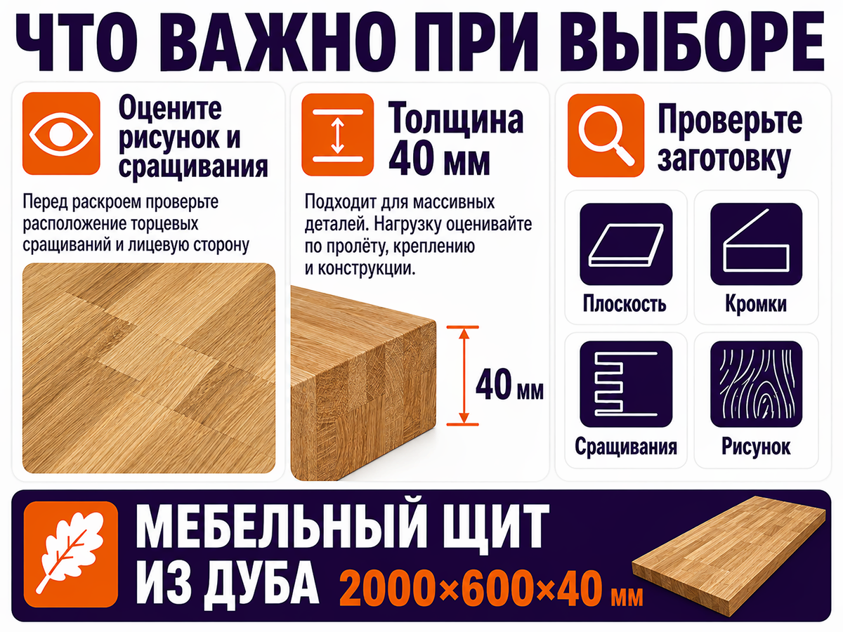 Мебельный щит из дуба сращённый, 2000×600×40 мм, сорт 1/3 фото 5