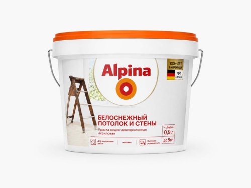 Краска акриловая Alpina Белоснежный потолок и стены, белая матовая, 0,9 л / 1,35 кг