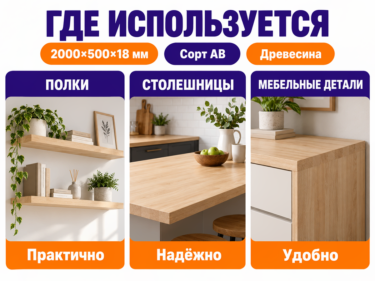 Мебельный щит, 2000×500×18 мм, сорт AB фото 3