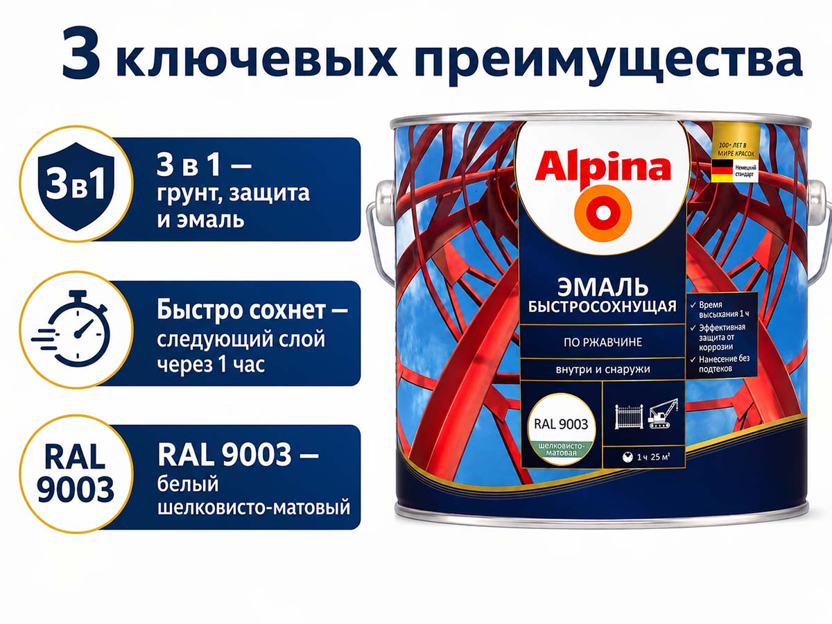 Грунт-эмаль алкидная Alpina быстросохнущая по ржавчине, RAL 9003 белая, шелковисто-матовая, 0,9 кг