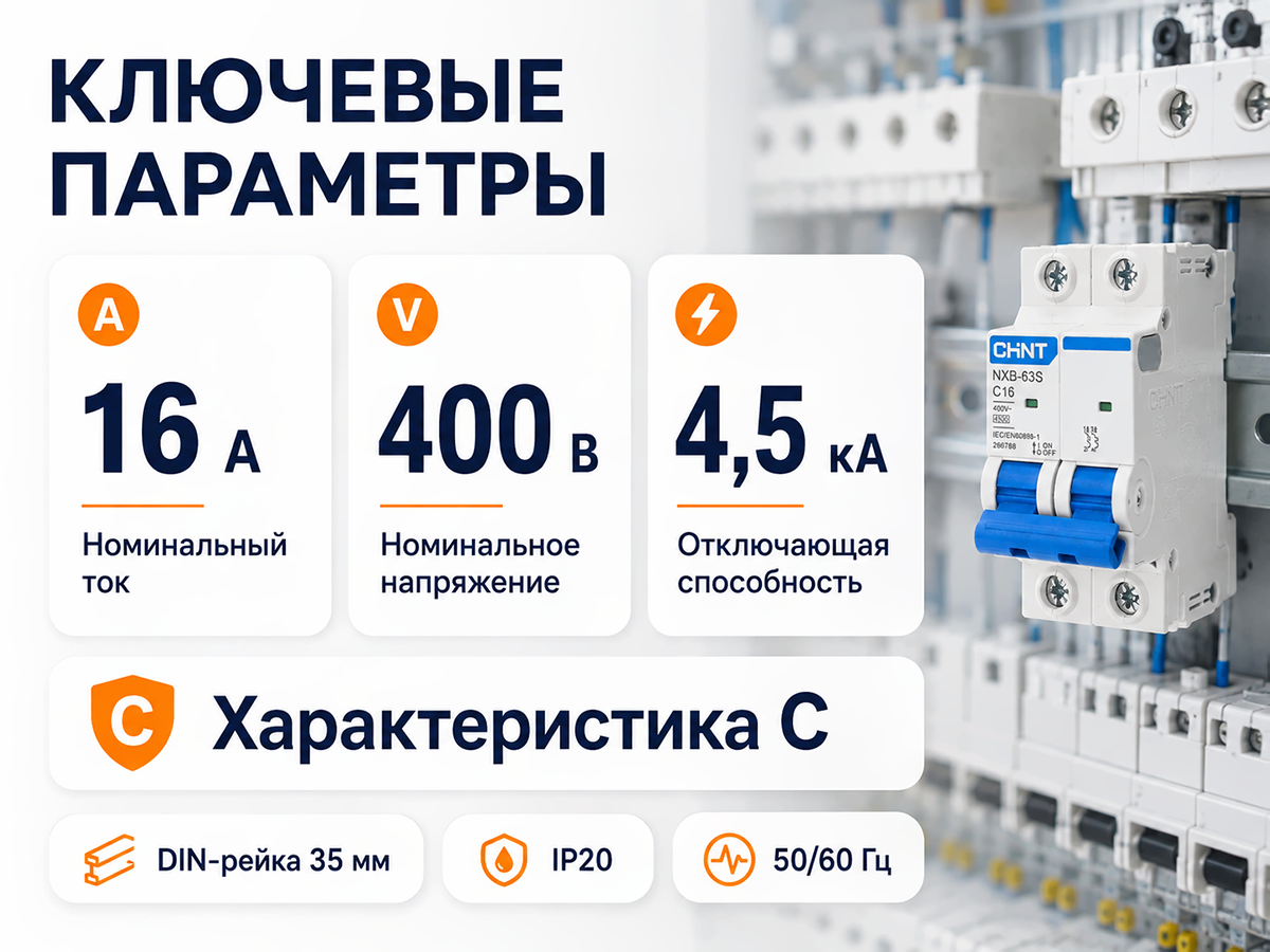 CHINT автоматический выключатель NXB 63S, 2P, 16 А, C, 4,5 кА фото 2