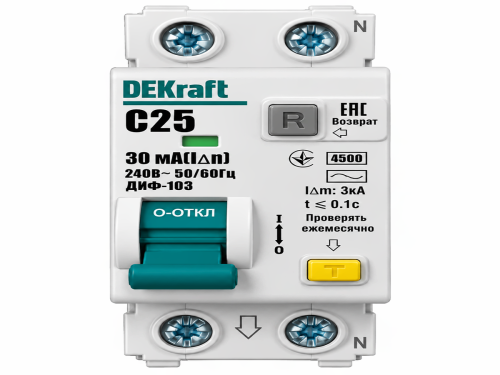 DEKraft дифференциальный автомат DIF-103, 1P+N, C25, 30 мА, тип AC, 16054DEK