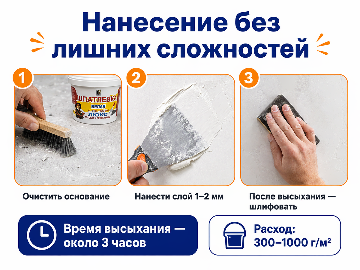 Гранд шпатлёвка белая Ш-5 Люкс ВП1 ПС, готовая, 1 кг фото 4