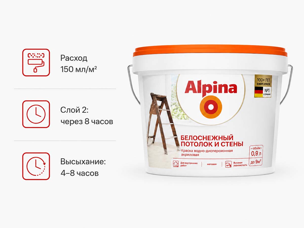 Краска акриловая Alpina Белоснежный потолок и стены, белая матовая, 0,9 л / 1,35 кг