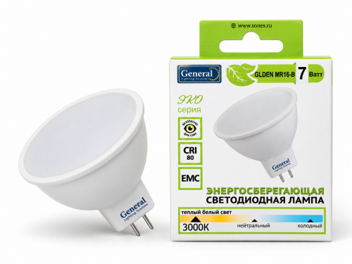 Лампа светодиодная General GLDEN-MR16-B, 7 Вт, GU5.3, 3000 К