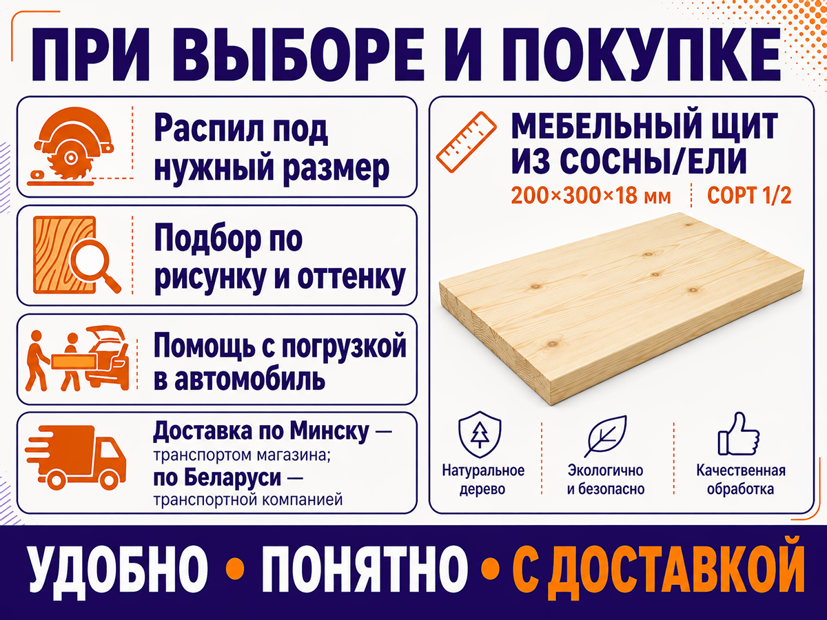 Мебельный щит из сосны/ели 200×300×18 мм, сорт 1/2