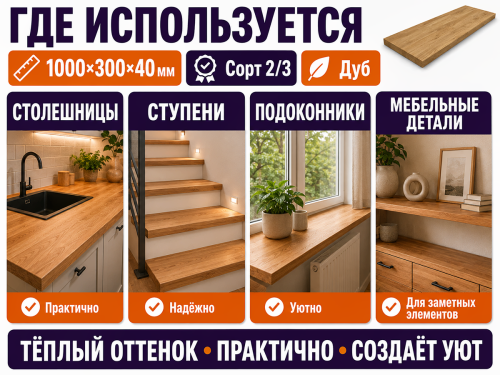 Мебельный щит из дуба, 1000×300×40 мм, сорт 2/3 фото 3