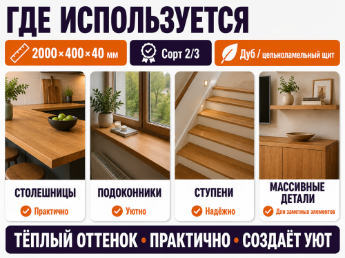 Мебельный щит из дуба 2000×400×40 мм, сорт 2/3, цельноламельный фото 3