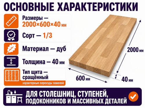 Мебельный щит из дуба 2000×600×40 мм, сорт 1/3, сращённый фото 2