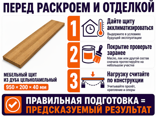 Мебельный щит из дуба 950×200×40 мм, цельноламельный, сорт ВС фото 4
