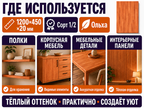 Мебельный щит из ольхи, 1200×450×20 мм, сорт 1/2 фото 3