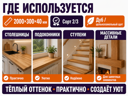 Мебельный щит из дуба 2000×300×40 мм, сорт 2/3, цельноламельный фото 4