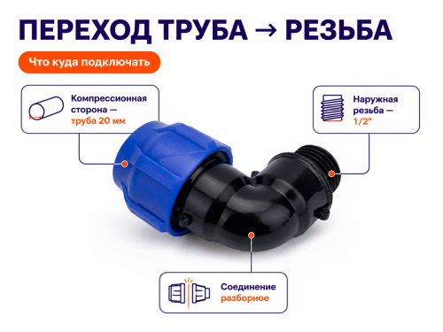 Отвод ПНД компрессионный VALFEX 1210012420012, 20×1/2″ НР, PN16 фото 3