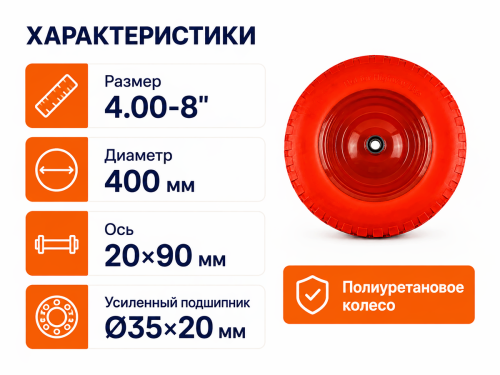Колесо полиуретановое ECO для тачки, 4.00-8″, ось 20×90 мм фото 2