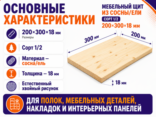 Мебельный щит из сосны/ели 200×300×18 мм, сорт 1/2