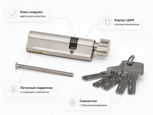 PALLADIUM цилиндровый механизм ZN, 90 мм (30+60), ключ–вертушка, матовый никель фото 3
