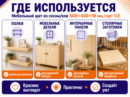 Мебельный щит из сосны/ели 500×400×18 мм, сорт 1/2