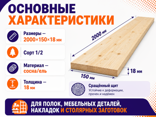 Мебельный щит из сосны/ели 2000×150×18 мм, сорт 1/2