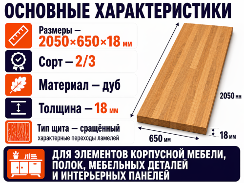 Мебельный щит из дуба 2050×650×18 мм, сорт 2/3, сращённый фото 2