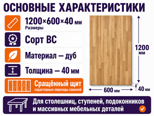 Мебельный щит из дуба 1200×600×40 мм, сорт ВС, сращённый фото 2