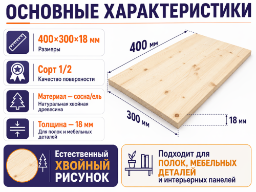 Мебельный щит из сосны/ели 400×300×18 мм, сорт 1/2