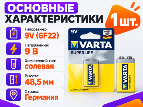 Varta батарейка 9 В (6F22) фото 2