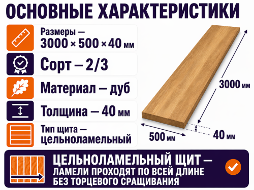 Мебельный щит из дуба 3000×500×40 мм, сорт 2/3, цельноламельный фото 2