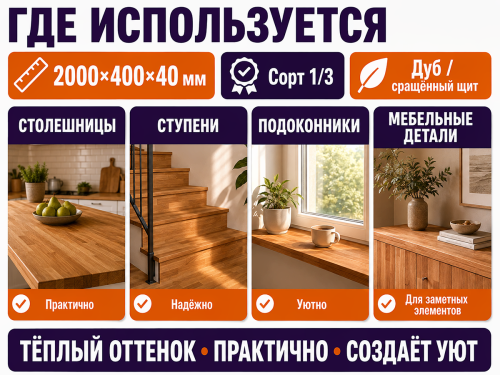 Мебельный щит из дуба 2000×400×40 мм, сорт 1/3, сращённый фото 3