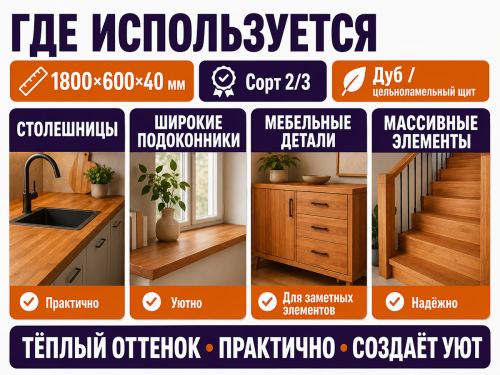 Мебельный щит из дуба 1800×600×40 мм, сорт 2/3, цельноламельный фото 3