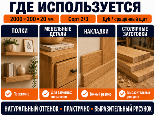 Мебельный щит из дуба 2000×200×20 мм, сорт 2/3, сращённый фото 3