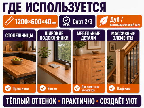 Мебельный щит из дуба 1200×600×40 мм, сорт 2/3, цельноламельный фото 3