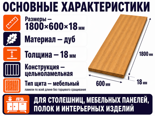 Мебельный щит из дуба 1800×600×18 мм, цельноламельный, сорт ВС фото 2