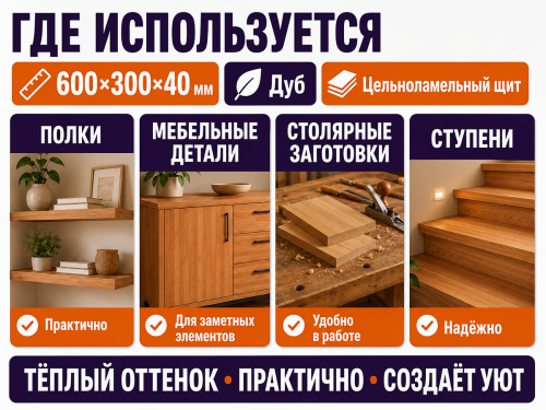 Мебельный щит из дуба 600×300×40 мм, цельноламельный, сорт ВС фото 3
