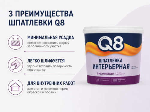 Шпатлёвка акриловая FORMULA Q8 интерьерная, белая, готовая, 1,5 кг