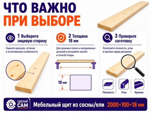 Мебельный щит из сосны/ели 2000×100×18 мм, сорт 1/2