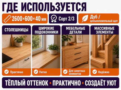 Мебельный щит из дуба 2600×600×40 мм, сорт 2/3, цельноламельный фото 3