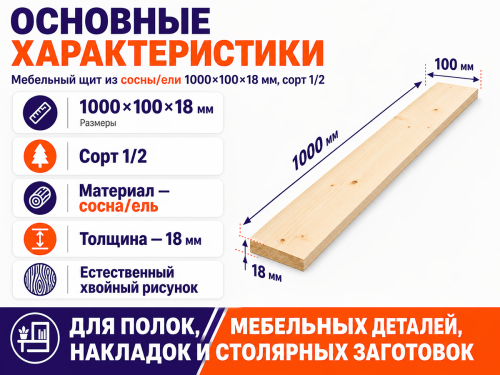 Мебельный щит из сосны/ели 1000×100×18 мм, сорт 1/2