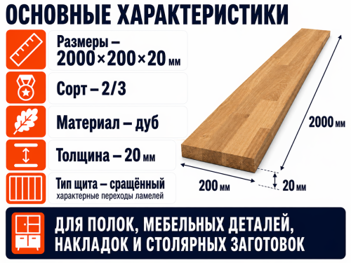 Мебельный щит из дуба 2000×200×20 мм, сорт 2/3, сращённый фото 2