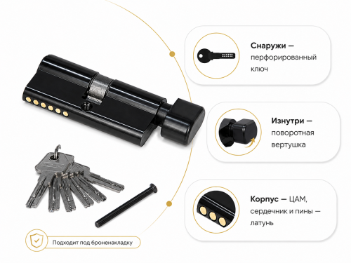 PALLADIUM цилиндровый механизм ZN, 60 мм (30+30), ключ–вертушка, чёрный фото 2
