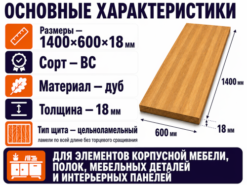 Мебельный щит из дуба 1400×600×18 мм, цельноламельный, сорт ВС фото 2