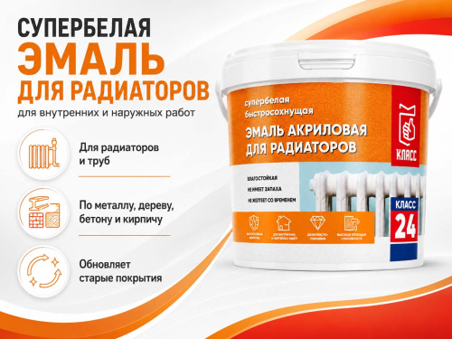 Эмаль акриловая Класс 24 для радиаторов отопления, супербелая шелковисто-глянцевая, 1 кг